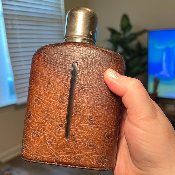 Vintage Other - Vintage German silver encased glass ostrich leather hip flask liquor bottle